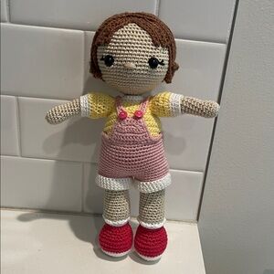 Handcrafted Girl Doll with Overalls Toy Crochet Amigurumi Decor Spring Summer
